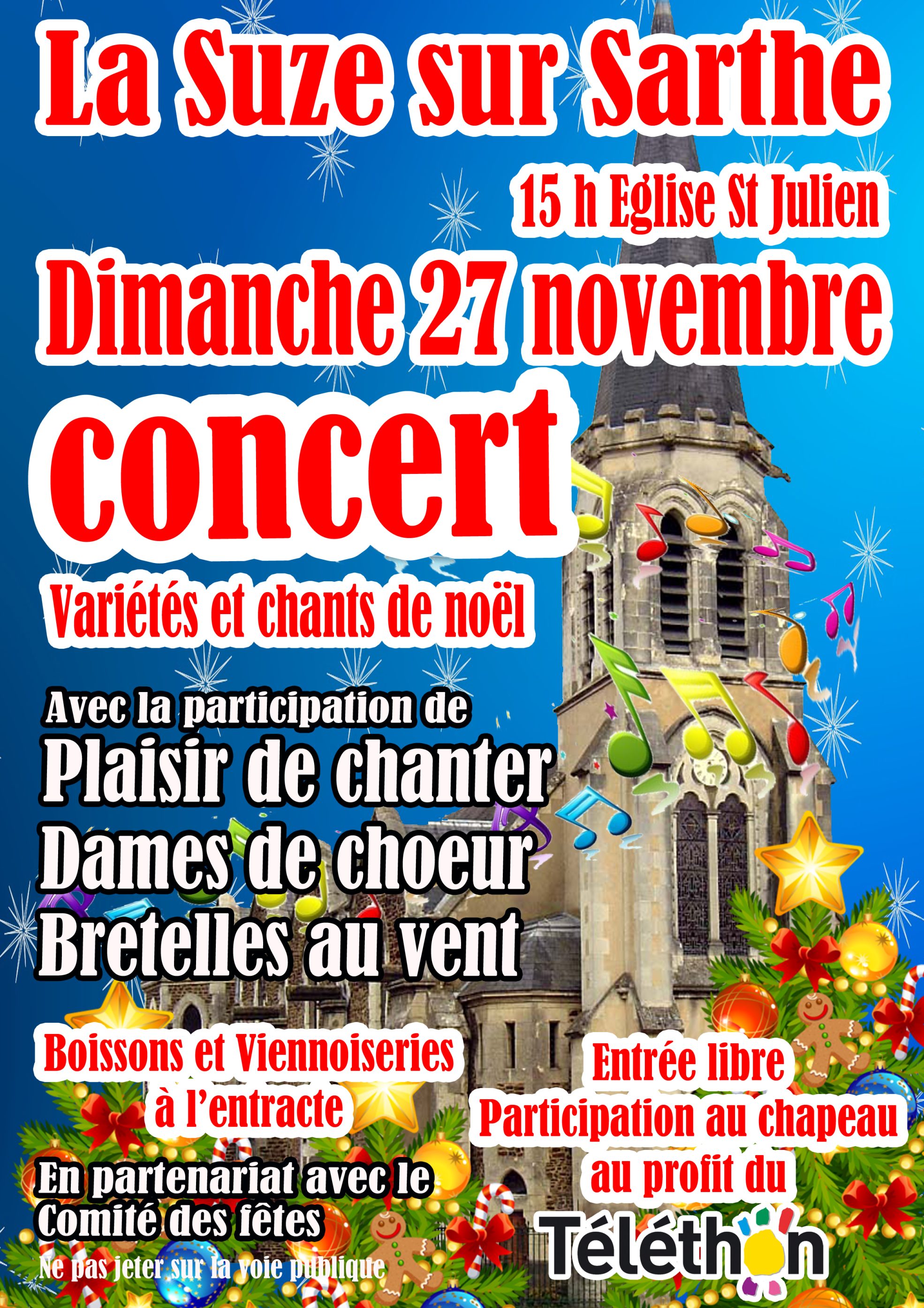 CONCERT VARIÉTÉS ET CHANT DE NOËL AU PROFIT DU TÉLÉTHON La Suze sur